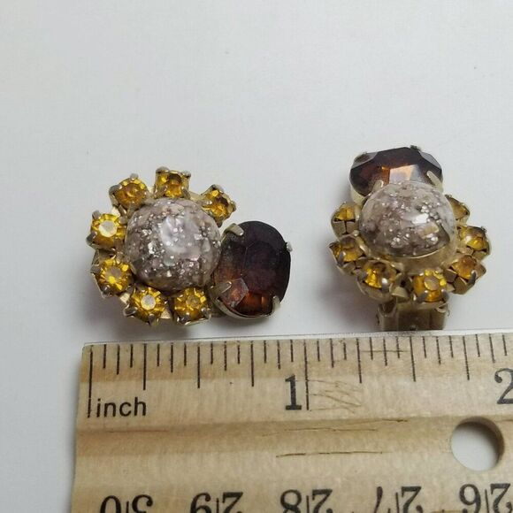 Vintage Cabochon Rhinestone Clip On Earrings, Yellow Brown 50s 60s Style, Estate - Picture 4 of 6